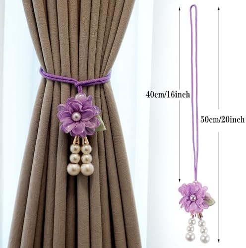 Adjustable Curtain Tiebacks， 4-Pack Hand-Woven Rope with Silk Flower & Pearl， Decorative Window Cord Holders for Drapery， Long Loop Design for All Curtain Thickness (Purple) - Image 3