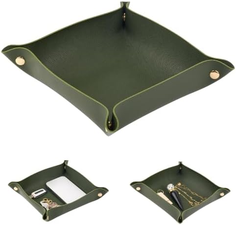 1 Pack PU Leather Tray for Wallet, Portable Décor Key Tray Holder, Night Stand Storage for Bedroom, Bathroom, Living Room, Entryway, Jewelry Valet Organizer for Women Men (1, Green, Square) by PENGLONGHOMEDECORATION