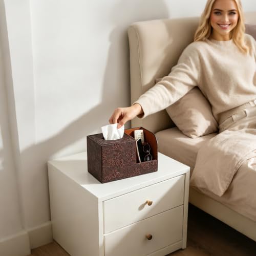 PU Leather Tissue Box Cover Square Tissue Holder Tissues Box Organizer with 2 Compartment,Remote Control Holder,Multifunctional Decorative Tissue Box Covers Cube,Home Office Desktop Storage Box,Retro - Image 6