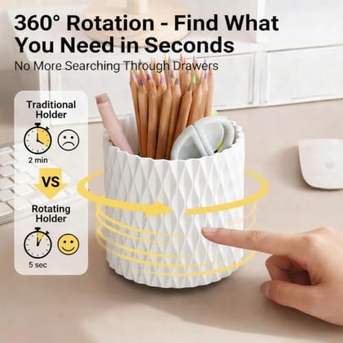 White Pen Holder for Desk, 360° Rotating Pencil Organizer, 5 Slots - Image 2