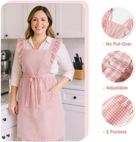 Vintage Gingham Apron for Women, Ruffle Straps, 2 Pockets, Soft Cotton, Apron Dress Style for Cooking & Baking - Image 5