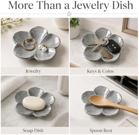 Ceramic Flower Jewelry Ring Trinket Dish Tray, Gifts for Women, Silver Gray - Image 5