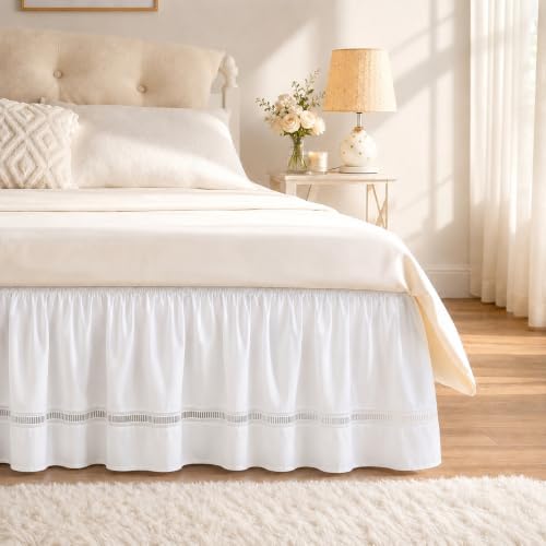 White Jacquard Bed Skirt Queen 16" Drop, Elastic Wrap Around Bedskirt by RIMELABedSkirt