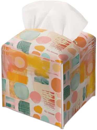 Modern Square Leather Tissue Box Cover/Case Holder Gifts for Women Family and Friends, Decorative Holder/Organizer for Bathroom Kitchen Nightstand Office Home (Pink Yellow Abstract) - B17 by JUPXB