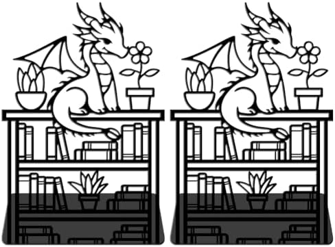 WADORN Dragon Reading Book Metal Bookends for Shelves Decorative 1 Pair, Heavy Duty Books End Support Non-Skid Book Holder Black L-Shaped Book Stopper for Home Office Desk Book Divider, 4.7x3.5x7 Inch - Image 2