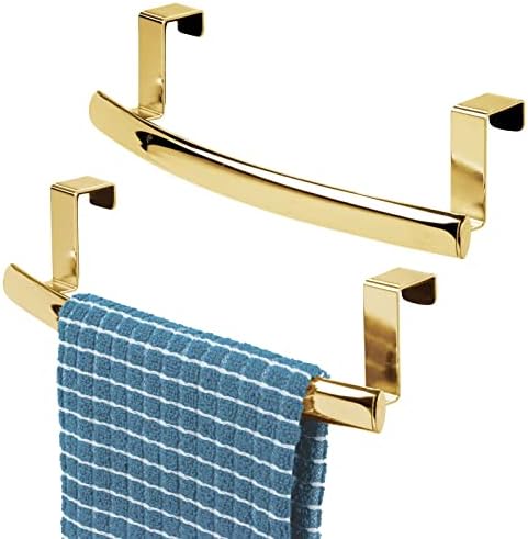 mDesign Steel Over Door Curved Towel Bar Storage, Hanger for Cabinet or Cupboard, Holder Rack for Kitchen, Bathroom - Holds Hand/Dish Towels, Washcloths - Spira Collection - 2 Pack - Soft Brass by mDesign