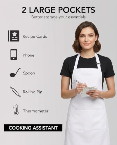 BOHARERS Kitchen Cooking Apron Unisex Adjustable chef apron with 2 pockets,1 Pack White - Image 3