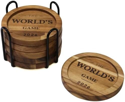 Acacia Wood Coasters Set of 6 with Metal Holder, Laser Engraved The World's Game 2026 Design, Absorbent Wooden Drink Coasters, 3.9" Round, Housewarming Gift by GREENALLUVIUM