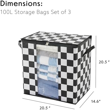 Ohocut Black and White Checkered Clothes Storage Bins, 100L Large Blanket Storage Bags 3 Pack, Closet Organizers and Storage Containers for Comforters, Bedding, Foldable Organizer with Handle - Image 2