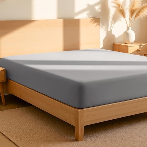 Bare Home 100% Organic Cotton Percale Fitted Sheet (Queen, Light Grey) by BareHome