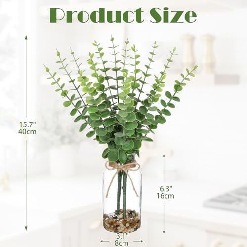 Hollyone Artificial Eucalyptus Stems in Glass Vase with Faux Water and Stones, 15.7" Fake Plants Eucalyptus Leaves Branch for Indoor Shelf Desk Home Bathroom Wedding Table Centerpiece Decor - Image 2