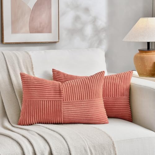 Fancy Homi 2 Packs Coral Long Lumbar Decorative Throw Pillow Covers 12x24 Inch for Couch Bed Sofa, Rustic Farmhouse Boho Home Decor, Soft Striped Corduroy Rectangle Accent Peach Cushion Case 30x60 cm - Image 5