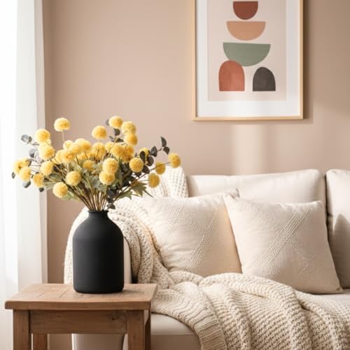 Yellow Flowers Artificial 10 Long Stems Kiku Flower With Eucalyptus - Image 5