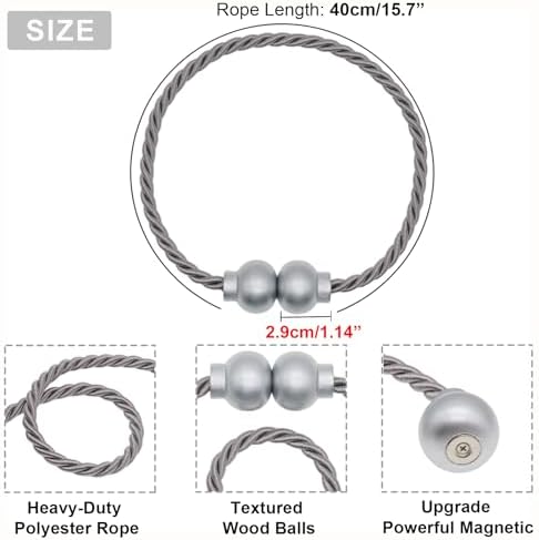 4Pcs Magnetic Curtain Tiebacks Modern Handmade Rope Curtain Tie Backs Grey - Image 3