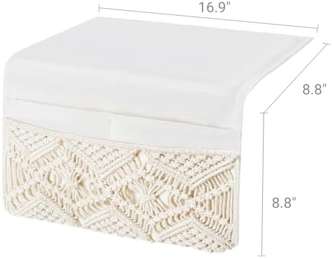 Mkono Macrame Bedside Caddy, Boho Bed Storage Organizer, 4 Pockets Ivory - Image 6