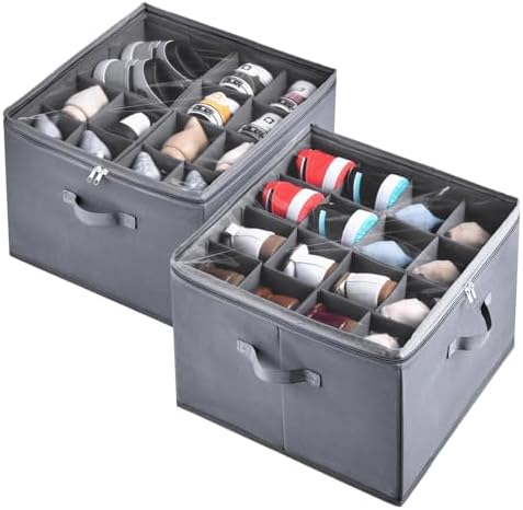 INSTY 2 Pack Shoe Organizer for Closet, Fits up to 32 Pairs, Adjustable Dividers for Shoe Storage, Fabric Shoe Storage Bins with Clear Cover, Grey by INSTY