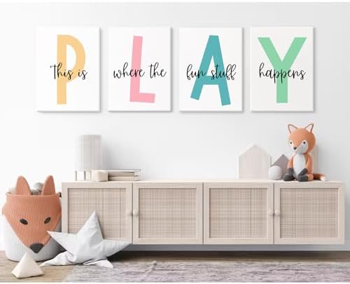 Baccone Kids Playroom Wall Art Playroom Wall Decor Kids Play Canvas Wall Art Play Sign Pictures Toddler Playroom Art Prints Nursery Children Artwork for Room Bedroom Set of 4 12x16 Inch Ready to Hang - Image 3