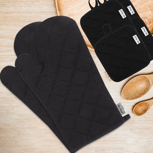 Oven Mitts and Pot Holders Sets,6 Pcs Oven Mitts and Potholders with Recycled Cotton High Heat Resistant Extra Thick Long Oven Mitts for Cooking(Black) - Image 2