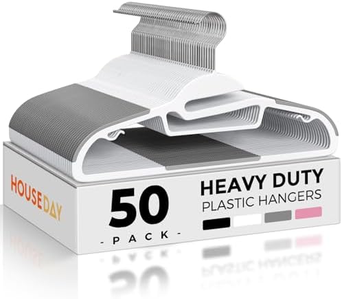 HOUSE DAY Slim Plastic Hangers with Non Slip Rubber Pads, 50 Pack, White by HOUSEDAY