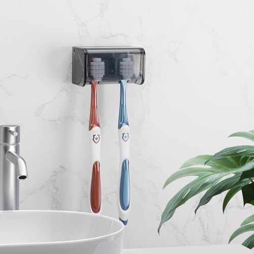 Toothbrush Holders Wall Mounted with Cover (1, Transparent Black) - Image 2