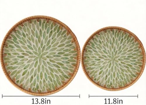 Boho Handwoven Rattan Tray with Mother of Pearl Inlay, 30 and 35cm Round Decorative Trays, Wooden Base Serving Tray for Vanity, Coffee Table & Wall Hanging Decor (2 Suites, Pattern: Greenleaf) - Image 2