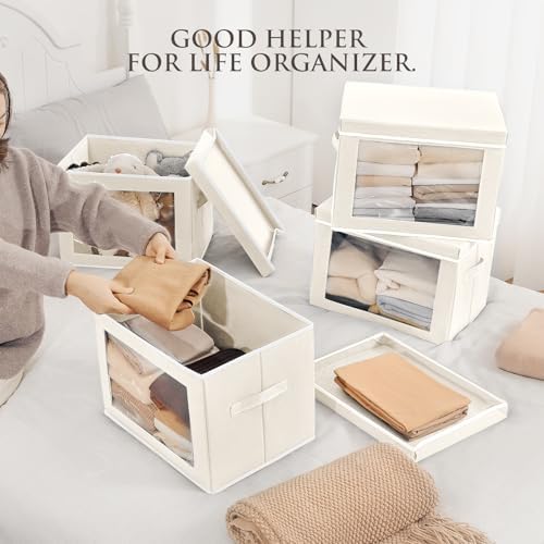 Homsorout Storage Bins with Lids - Large Decorative Basket with Lids, Fabric Foldable Closet Organizer Bins, Stackable Shelf Organizer for Living Room, Dorm, 5 Pack, Beige - Image 2