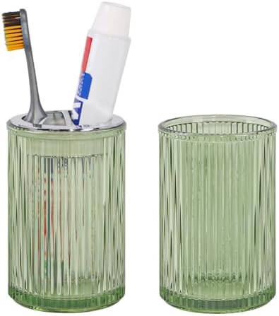 Green Toothbrush Holders for Bathrooms, 2pcs Glass Toothbrush Holder and 12oz Bathroom Tumbler Cup Set, Silver Tooth Brush and Toothpaste Organizer for Bathroom Vanity Countertop by TonxusBathroomAccessories