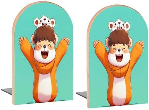 Book Ends Hamster Cartoon Wood Bookends for Shelves to Hold Books Heavy Duty Non-Skid Book Stoppers Wood Decorative Home Office School by Buyidec