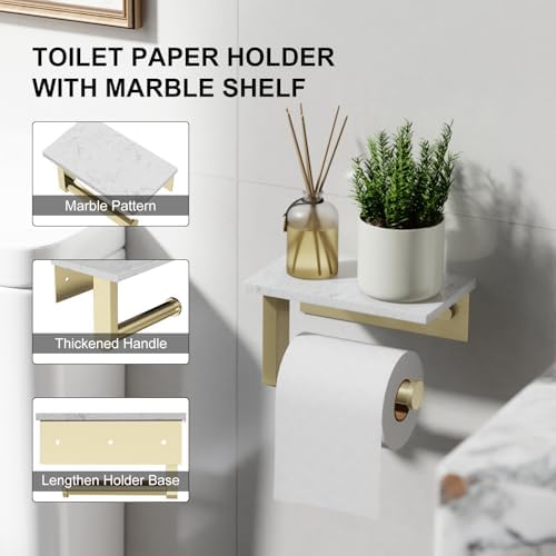 Brushed Gold Toilet Paper Holder with Marble Shelf Tissue Roll Holder - Image 5