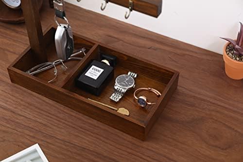 Wood Entryway Tabletop Key Holder Rack，Rustic Burnt Decorative Organizer with Storage Tray and Brass Tone Hooks，Jewelry Key Stand Hanging Organizer - Image 4