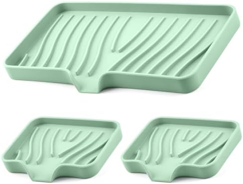 Silicone Soap Dish with Drain Spouts, Bar Soap Holder, Self-Draining Sink Organizer Kitchen Sponge Tray, Non-Slip Dispensers for Bathroom, Kitchen (Light Green, 1 Long + 2 Short) by DecorateYourHome