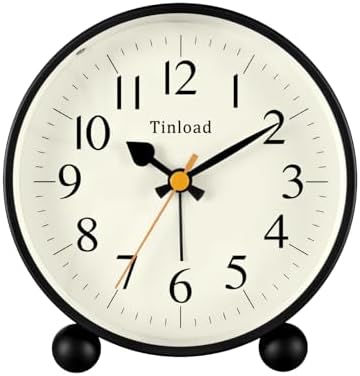 Tinload 4.5" Vintage Retro Analog Alarm Clock, Super Silent Non Ticking Small Clock with Manual Light, Snooze, Battery Operated, for Living Room, Bedroom, Bedside, Desk(Black) by Tinload