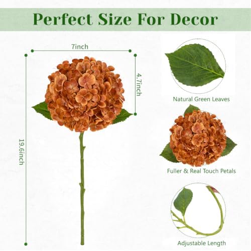 Yastouay 8 Pcs Real Touch Hydrangea Artificial Flowers, Burnt Orange - Image 6