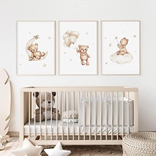 Baccone Bear Nursery Wall Art Decor Set of 3 Teddy Bear Canvas Wall Art Baby Boy Nursery Decor Prints Neutral Pictures Moon Star Cloud Print for Girls Children Room 12x16 Inch Unframed - Image 3