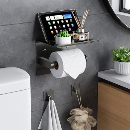 Tindbea Mega Size Toilet Paper Holder with Shelf + Towel Robe Hooks, Adhesive or Screw Wall Mounted Toilet Paper Roll Holder, Stainless Steel Bathroom Hardware Set (Polished Grey) - Image 2