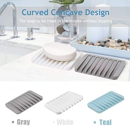 Self Draining Soap Dishes, 3 Pcs Silicone Soap Saver, Waterfall Drainer Soap Holder for Bathroom, Extend Soap Life, Keep Soap Bars Dry Clean & Easy Cleaning (White, Gray, Teal) - Image 6