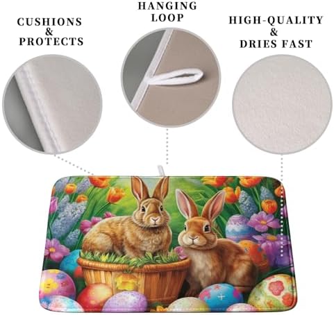 Easter Bunny Eggs Dish Drying Mat for Kitchen Counter, Tulip Floral Flower Drying Mat Spring Summer Holiday Dish Mat Drying Kitchen Mat Absorbent Kitchen Drying Mat for Sink 16x18Inch - Image 3