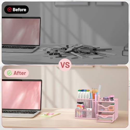 Mesh Desk Organizer with 2 Drawers, Metal Pen Holder for Desk, Pink - Image 6
