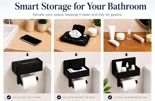 Toilet Paper Holder with Storage, Wall Mount Toilet Paper Holder with Shelf, Flushable Wipes Dispenser, Sanitary Napkin Receptacle, Matte Black Stainless Steel for Bathroom Commercial - Image 2