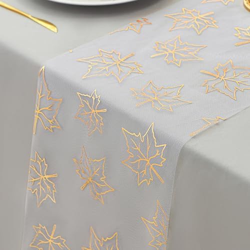 Snowkingdom 2 Pcs Gold Table Runner, Gold Maple Leaves Fall Thanksgiving Table Decorations for Autumn Harvest Sequin Glitter Lightweight White Thin Mesh Sparkle Farmhouse Dining Party Decor 108 Inch by Snowkingdom