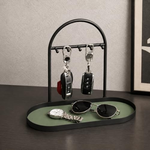 Shinpuru Key Holder Tray, Metal Stand with Leather Tray, 5 Hooks (Green) by SimplicityinEverydayLife