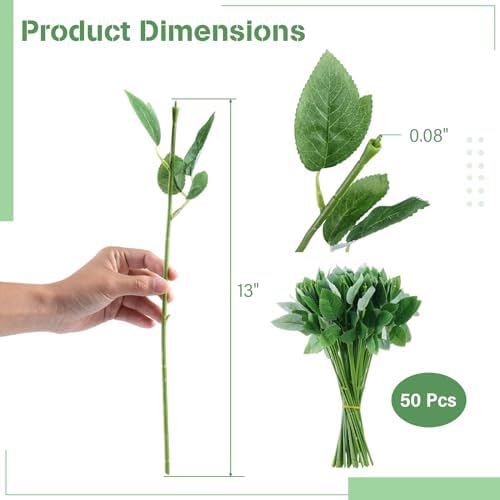 50 Pcs 13'' Rose Stems with Leaves, Fake Flower Stems, Faux Green Leaves Stems, Floral Arrangement Supplies, DIY Artificial Flowers Tools for Bouquet Wedding Party - Image 5
