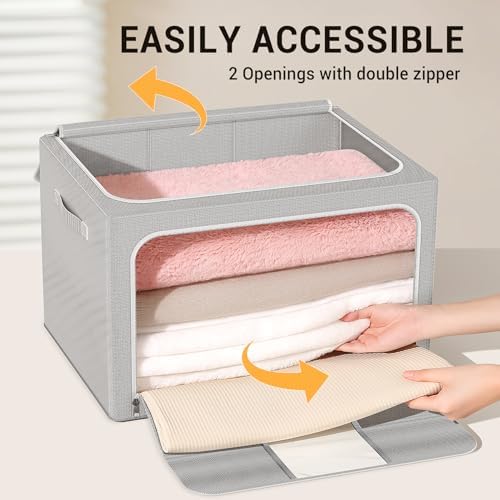 Clothes Storage Bins with Metal Frame Foldable Storage Box Clothes Organizers Storage Containers for Clothes Sheets Blankets Books Toys Gifts and Holiday Decorations (24Lx3 Pack) - Image 5
