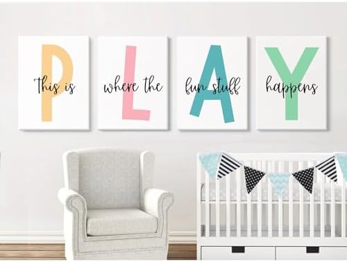 Baccone Kids Playroom Wall Art Playroom Wall Decor Kids Play Canvas Wall Art Play Sign Pictures Toddler Playroom Art Prints Nursery Children Artwork for Room Bedroom Set of 4 12x16 Inch Ready to Hang - Image 4