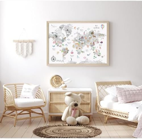 Joocrise Grey Kids World Map Wall Art Animal Map Canvas Wall Art Nursery Wall Decor World Map Poster Childrens Room Decor Playroom Prints Educational Artwork 16x24 Inch Wood Frame - Image 3