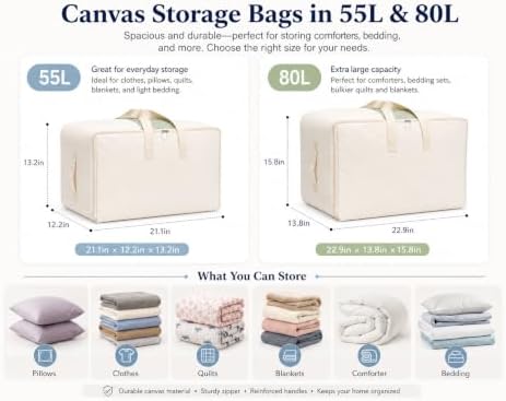 DoYiKe Soft Large Canvas Comforter Storage Bags with Four Carrying Handles and Clear Window, Closet Organizer for Clothing, Blankets Sheets Pillows and Bedding, 80L, Beige - Image 2