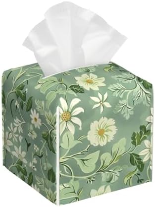 Green Floral Tissue Box Cover Square Leather Tissue Case Holder Facial Paper Organizer Dispenser Decorative for Tabletop Night Stands Desk Bathroom Kitchen Car Office Home Decor by HOYYU