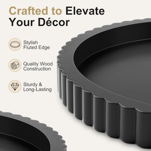 FGU 2 Pack Round Wood Decorative Trays for Coffee Table Decor, Black - Image 3