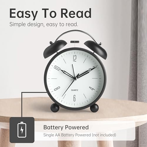 Twin Bell Loud Alarm Analog Alarm Clock, 4 inch Super Silent Non Ticking Small Clock with Night Light, Battery Operated, Simple Design, Old Fashioned, for Heavy Sleeper, Bedroom, Bedside, Desk, Black - Image 3