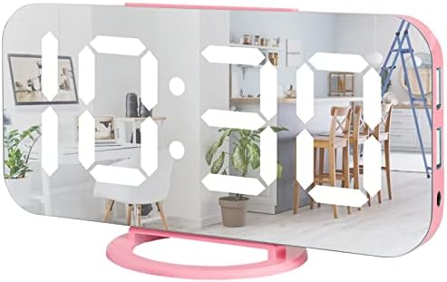 Lamisola Pink Digital Alarm Clock for Girls, Large LED Mirror Desk Clock, 2 USB Charging Ports, Nightstand Table Aesthetic Sleek Clocks Decor for Bedroom Office, Pink by AlarmClock